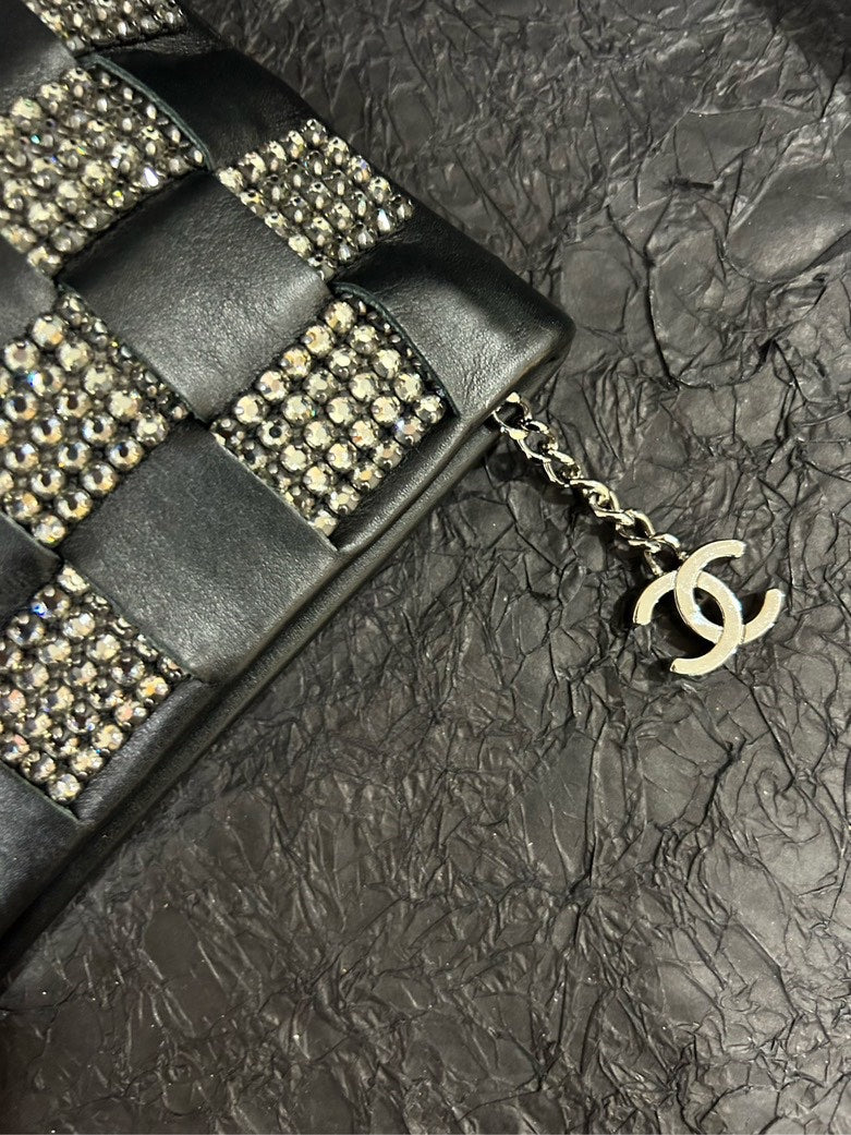 Chanel Black & Silver Checkerboard Diamond-Accented Top Handle Bag