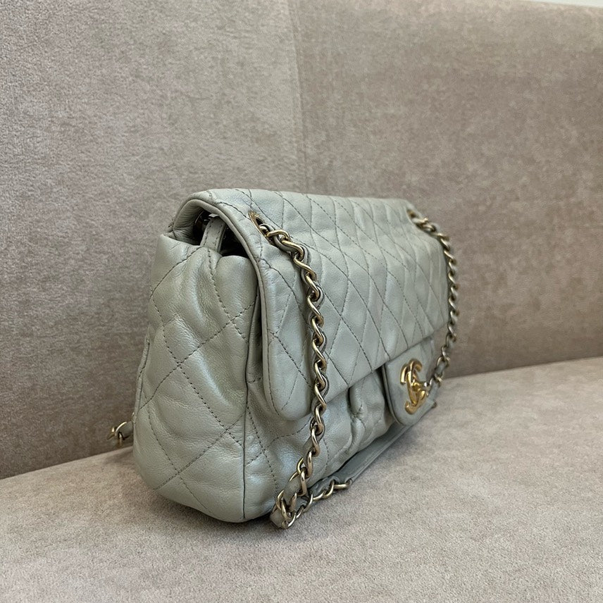 Chanel HMM Quilted Shoulder Bag in Light Grey Leather