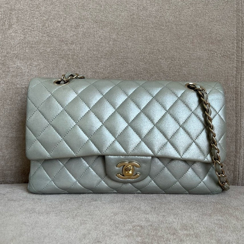 Chanel Classic Flap Bag Silver Leather Shoulder Bag