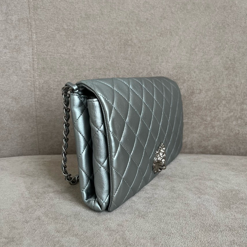 Chanel Lion Motif Quilted Shoulder Bag in Silver Leather