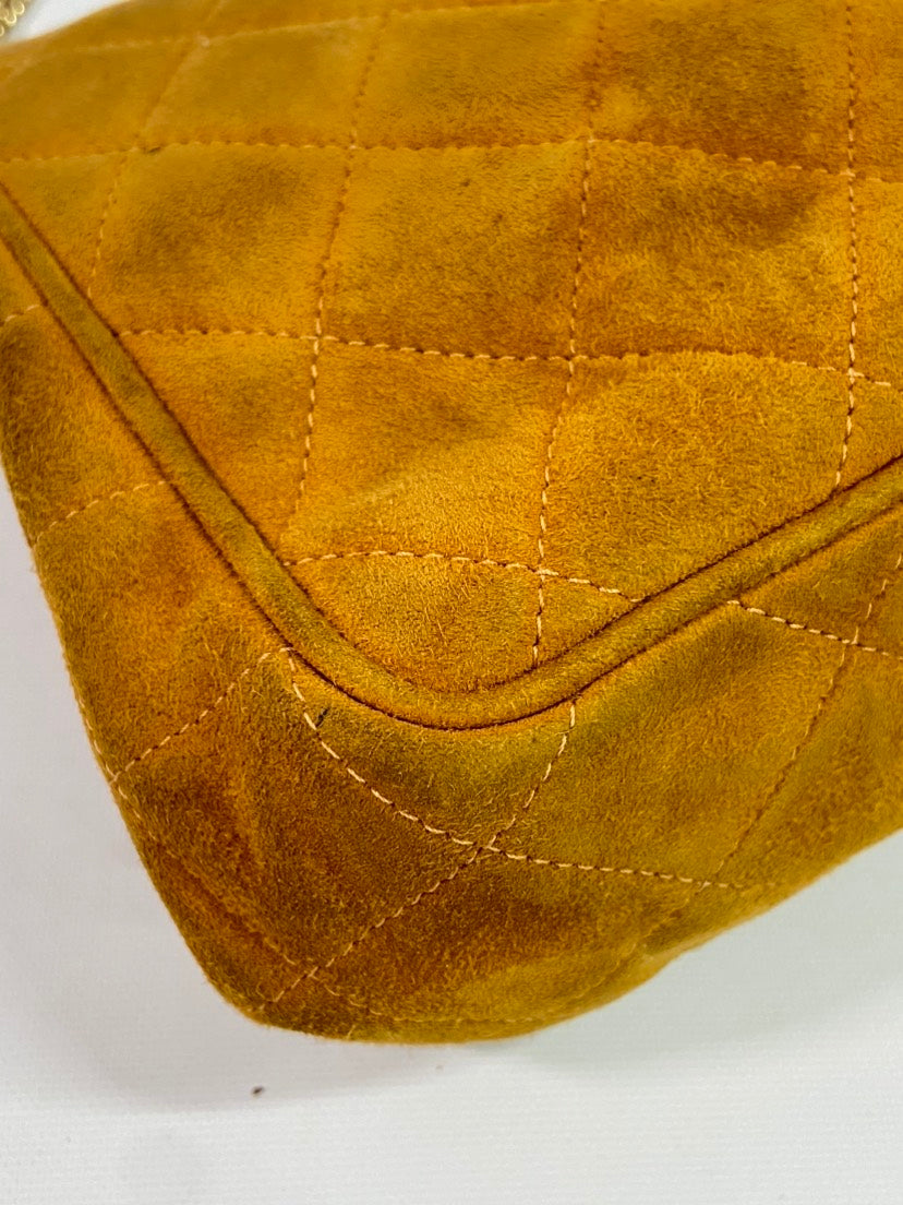 CHANEL Vintage Quilted Suede Chain Top Handle Bag Mustard
