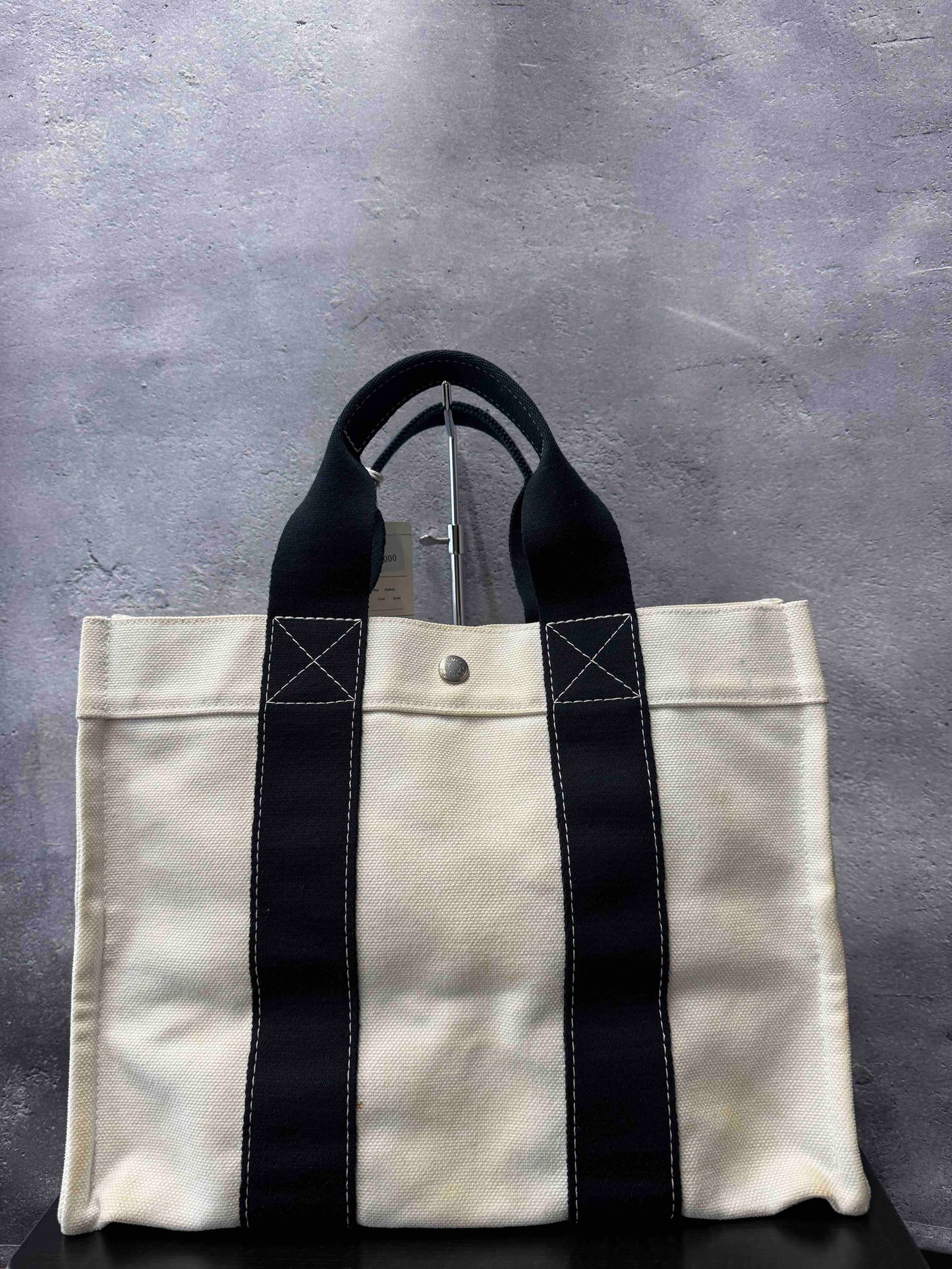 Hermes Canvas Tote JZ29423000 in White and Black Striped Design, Vintage Tote Bag