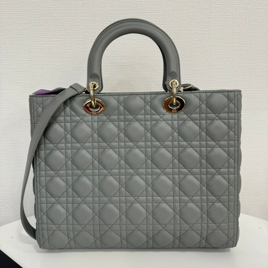 A Rank✨ Preloved Dior Lambskin Lady Dior 2way Bag Large Gray FM0081