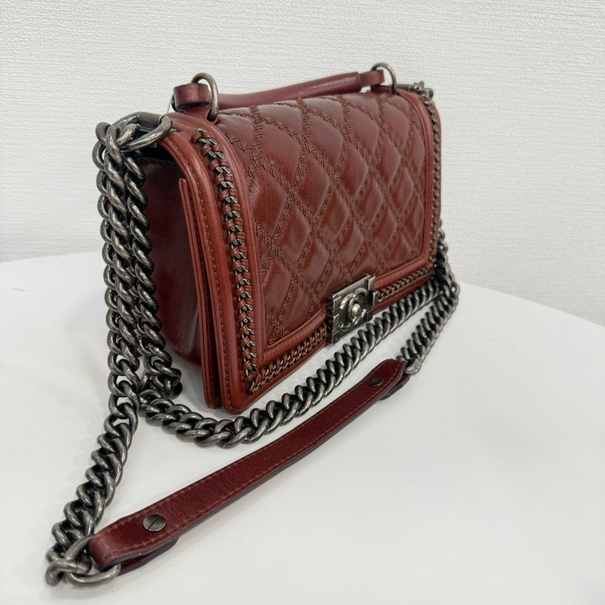 Chanel Preloved Calfskin Boy Top Handle 2way Bag Burgundy