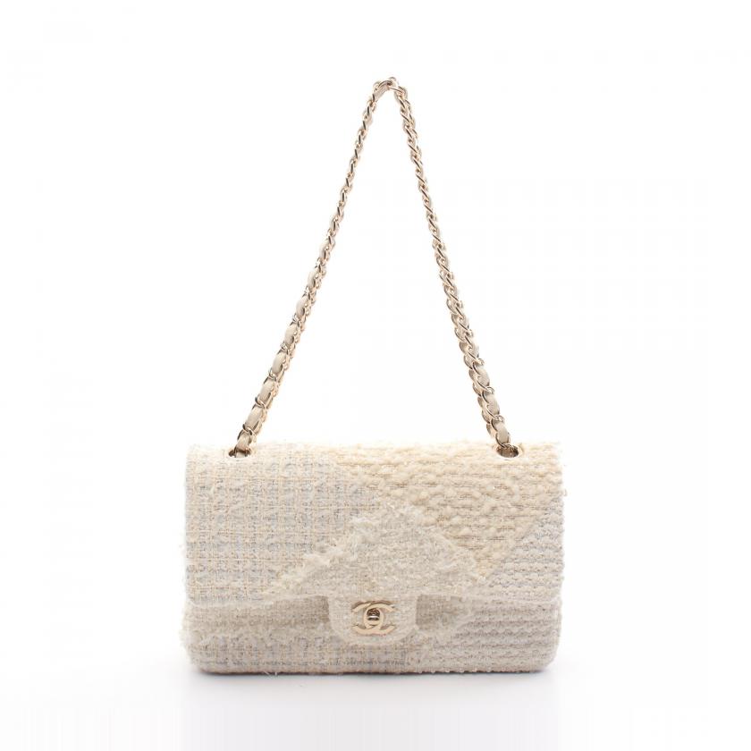 CHANEL Matelassé W Flap Tweed Off White Gold Shoulder Bag