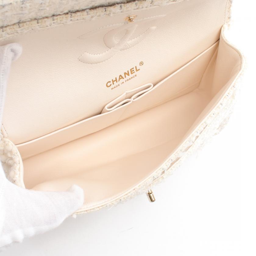 CHANEL Matelassé W Flap Tweed Off White Gold Shoulder Bag