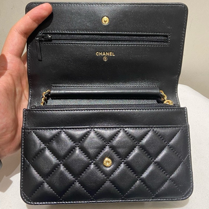 Chanel Lambskin WOC Black Gold Crossbody Bag