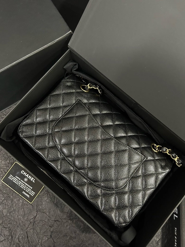 Chanel Black Gold Caviar Classic Flap Shoulder Bag S
