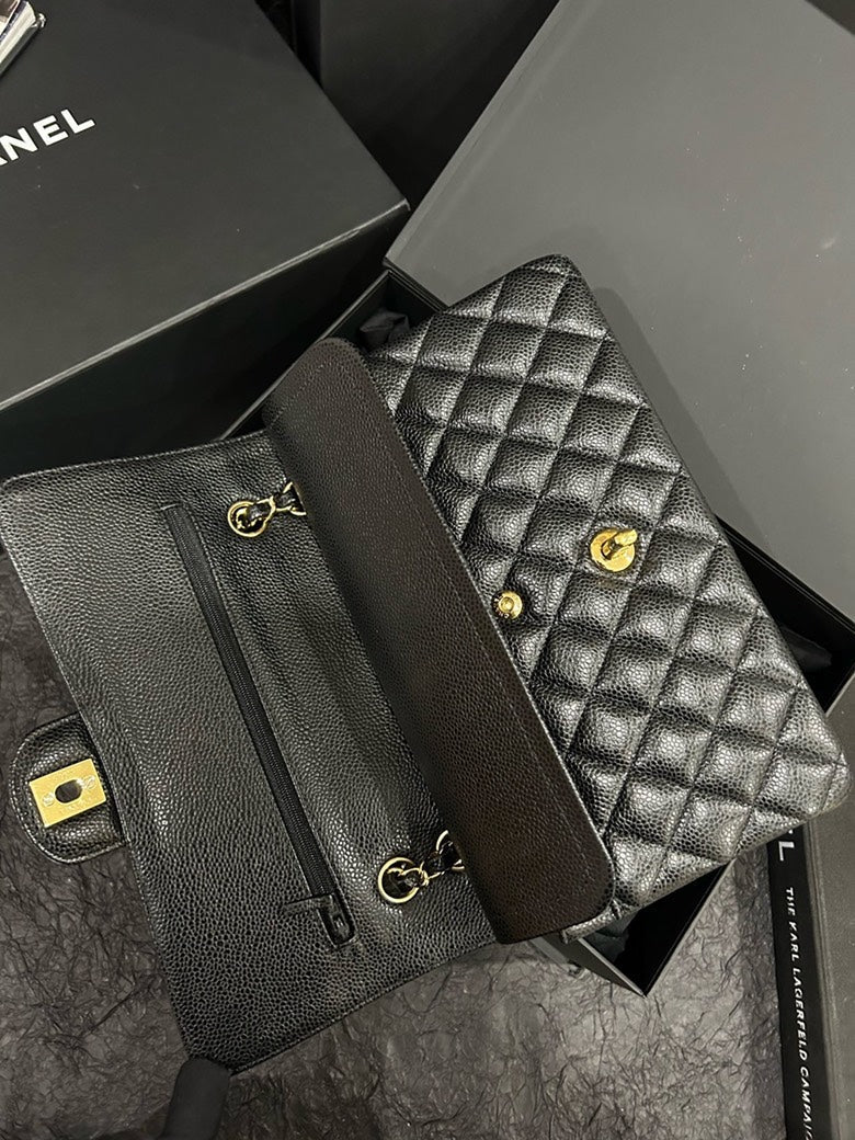 Chanel Black Gold Caviar Classic Flap Shoulder Bag S