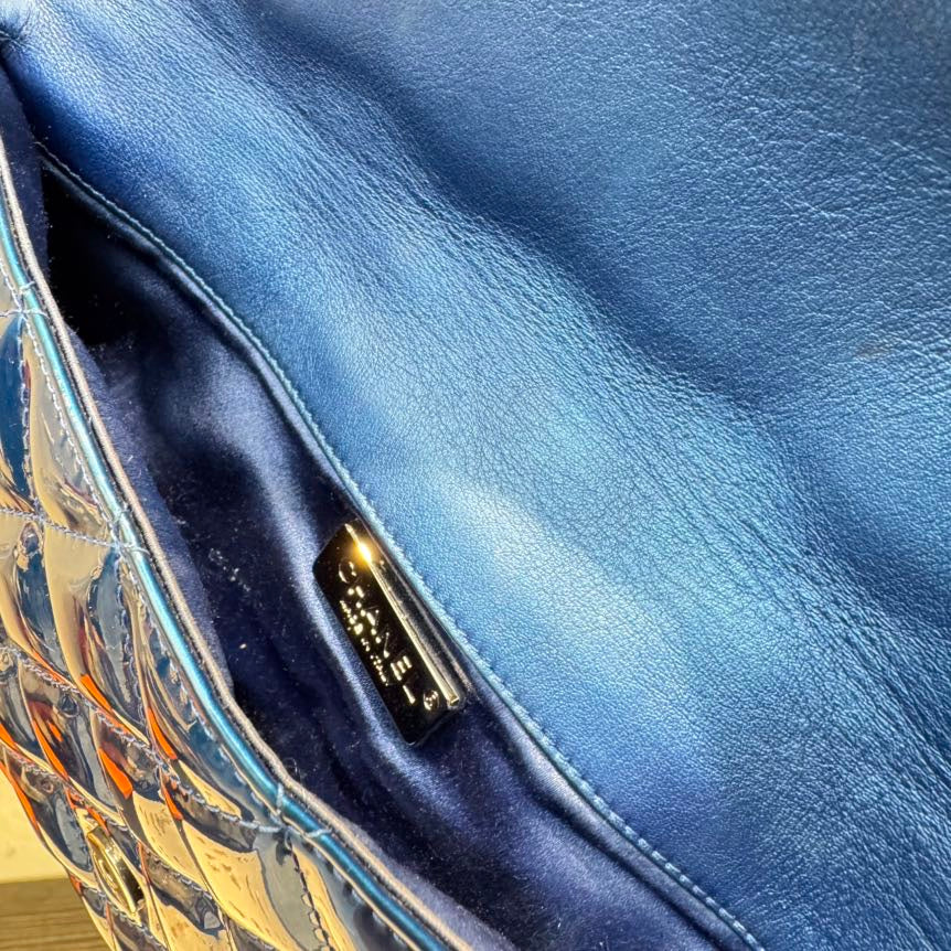 Chanel Quilted Patent Leather Flap Bag in Blue - Handle Clutch