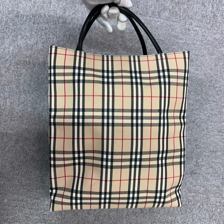 Pre-loved Burberry BVJ Plaid Beige Canvas Tote Bag