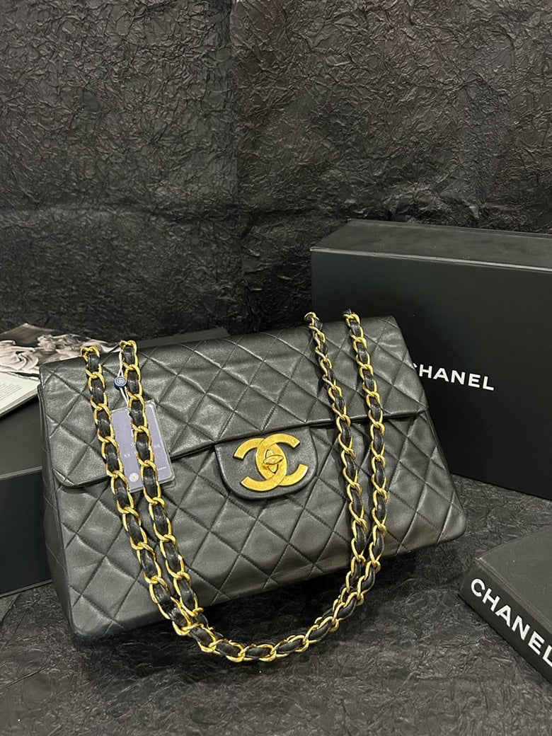 Chanel Black Gold Classic Flap Crossbody Shoulder Bag 34cm