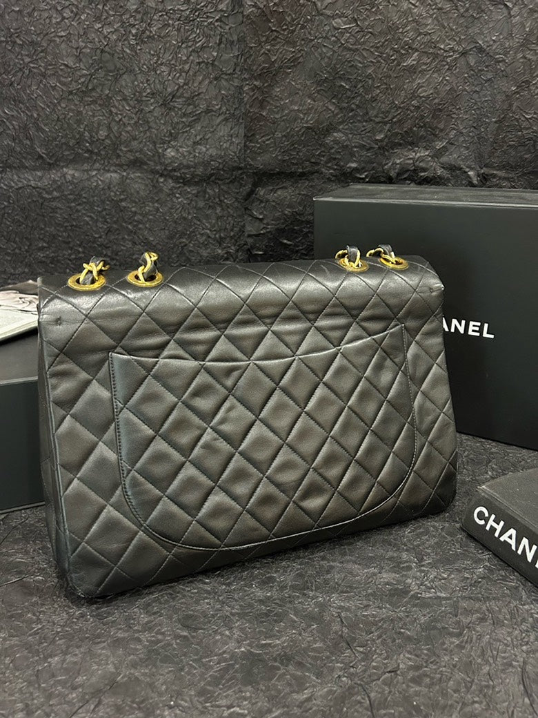 Chanel Black Gold Classic Flap Crossbody Shoulder Bag 34cm