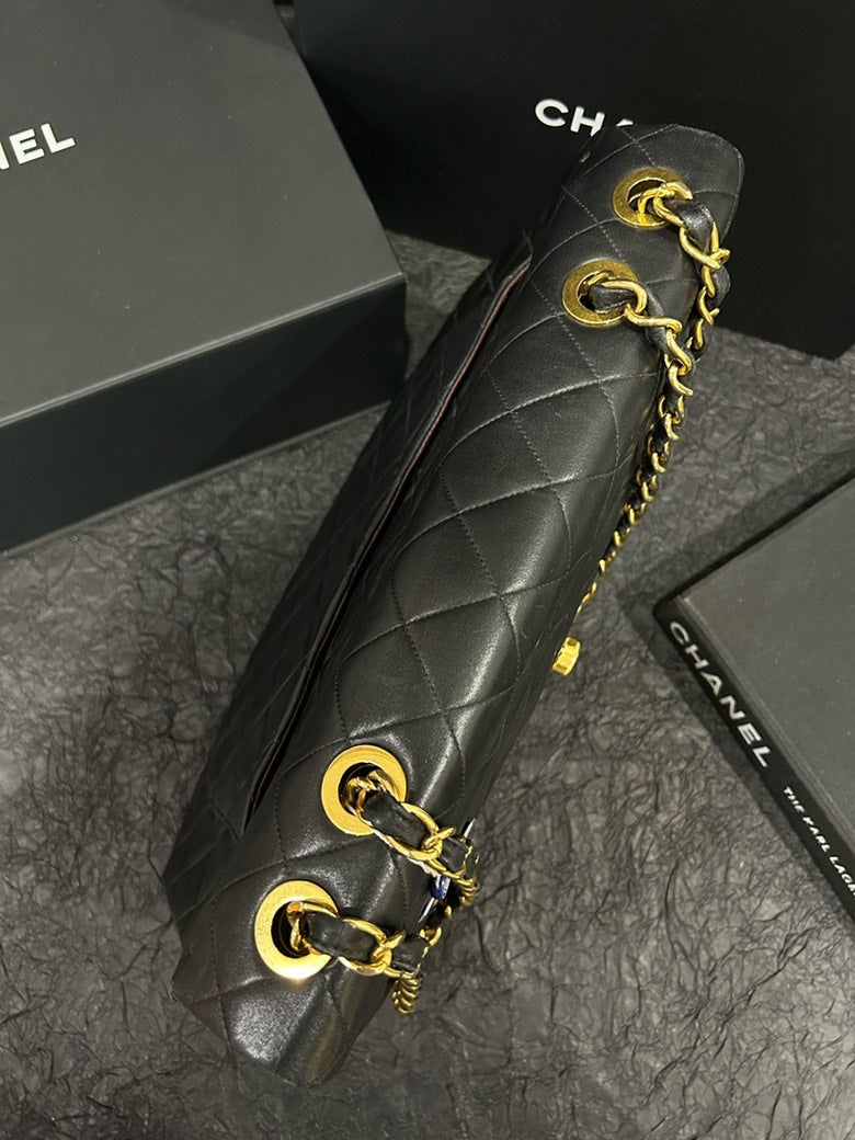 Chanel Black Gold Classic Flap Crossbody Shoulder Bag 34cm