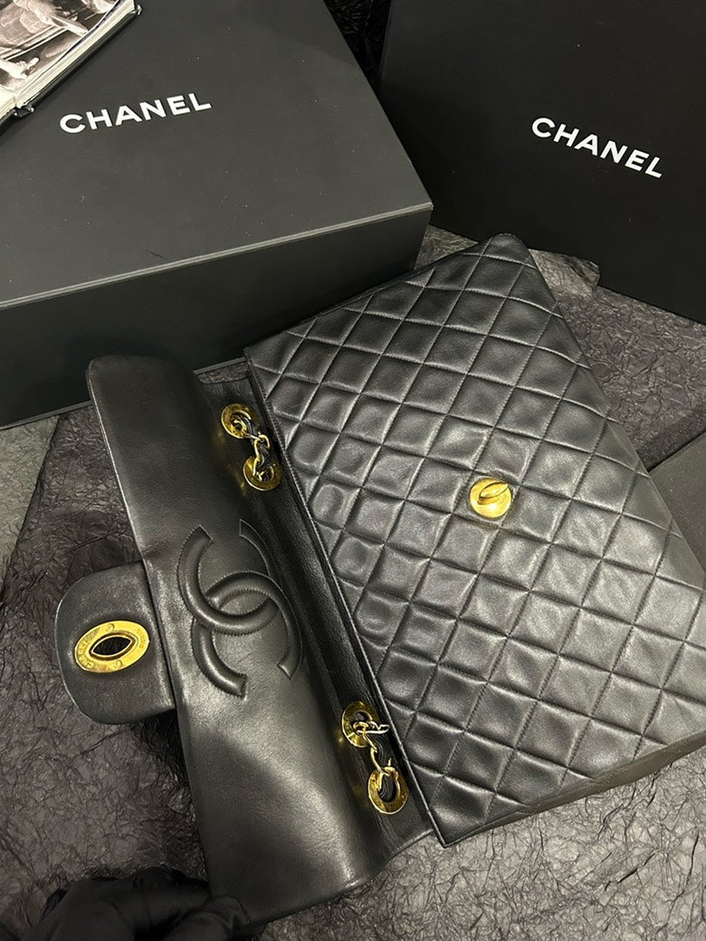 Chanel Black Gold Classic Flap Crossbody Shoulder Bag 34cm