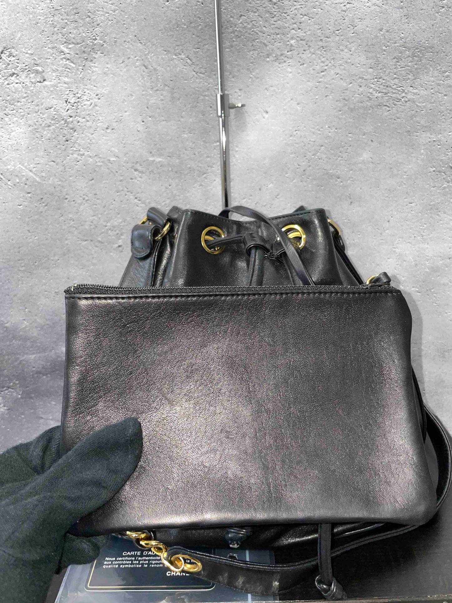 Chanel Vintage Drawstring Bucket Bag Black Leather RG007284200