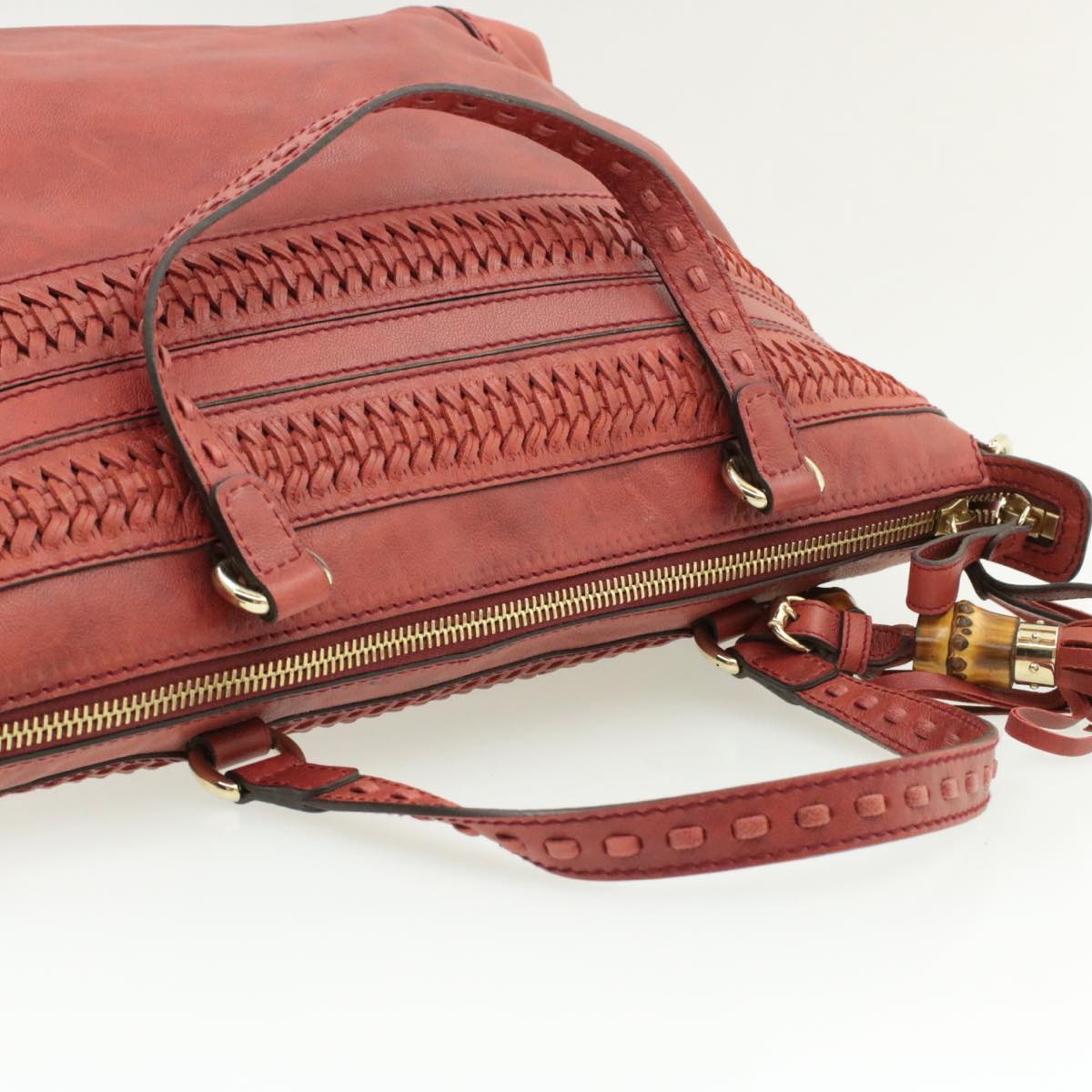 GUCCI Green Carpet Challenge Leather 2Way Tote Bag Fringe Bamboo Red Auth rd707