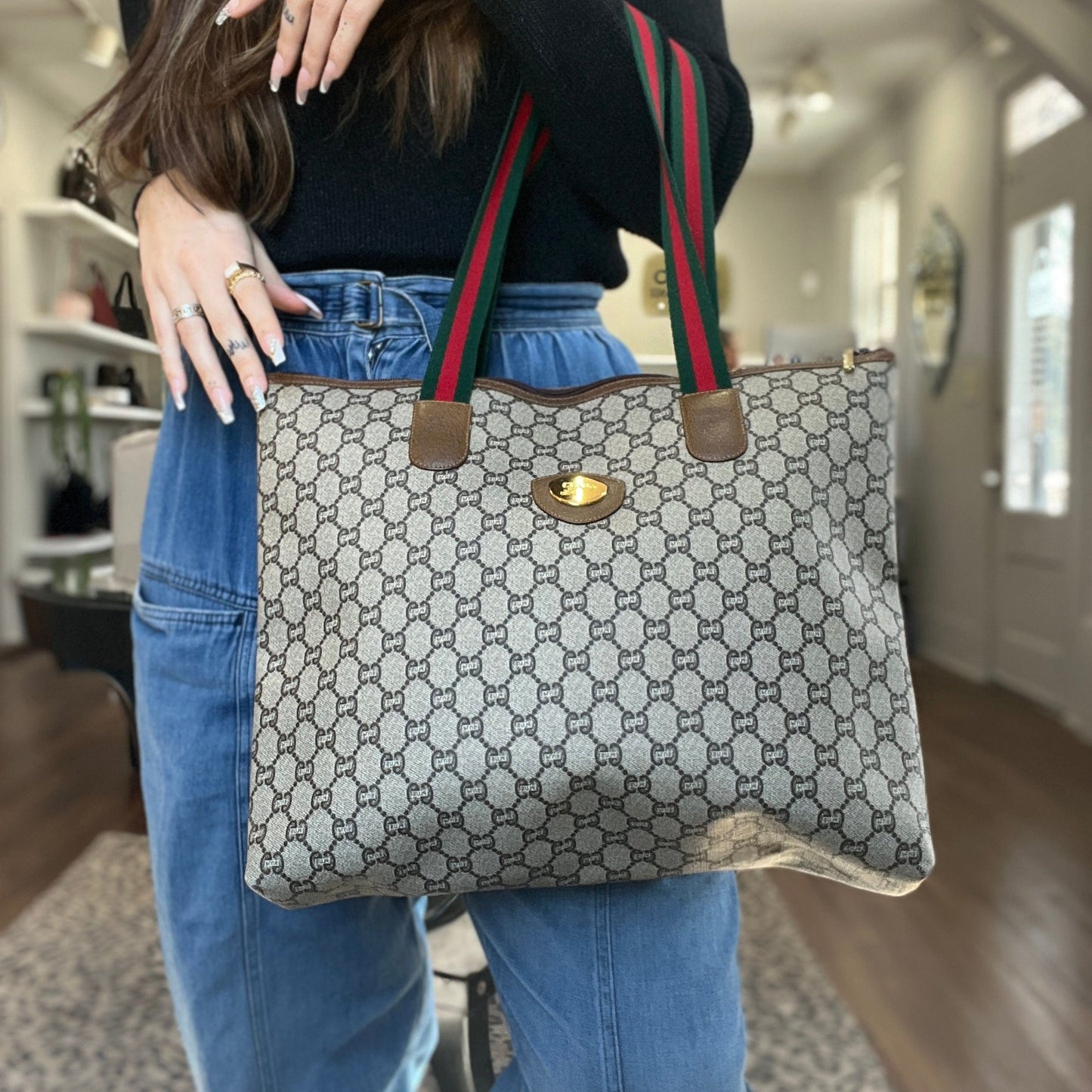 Gucci GG Plus Top Zip Web Tote