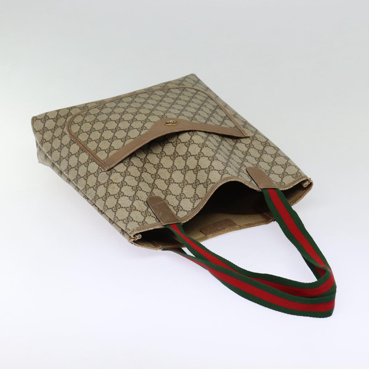 GUCCI GG Supreme Web Sherry Line Tote Bag PVC Leather Beige Red Auth tb1124