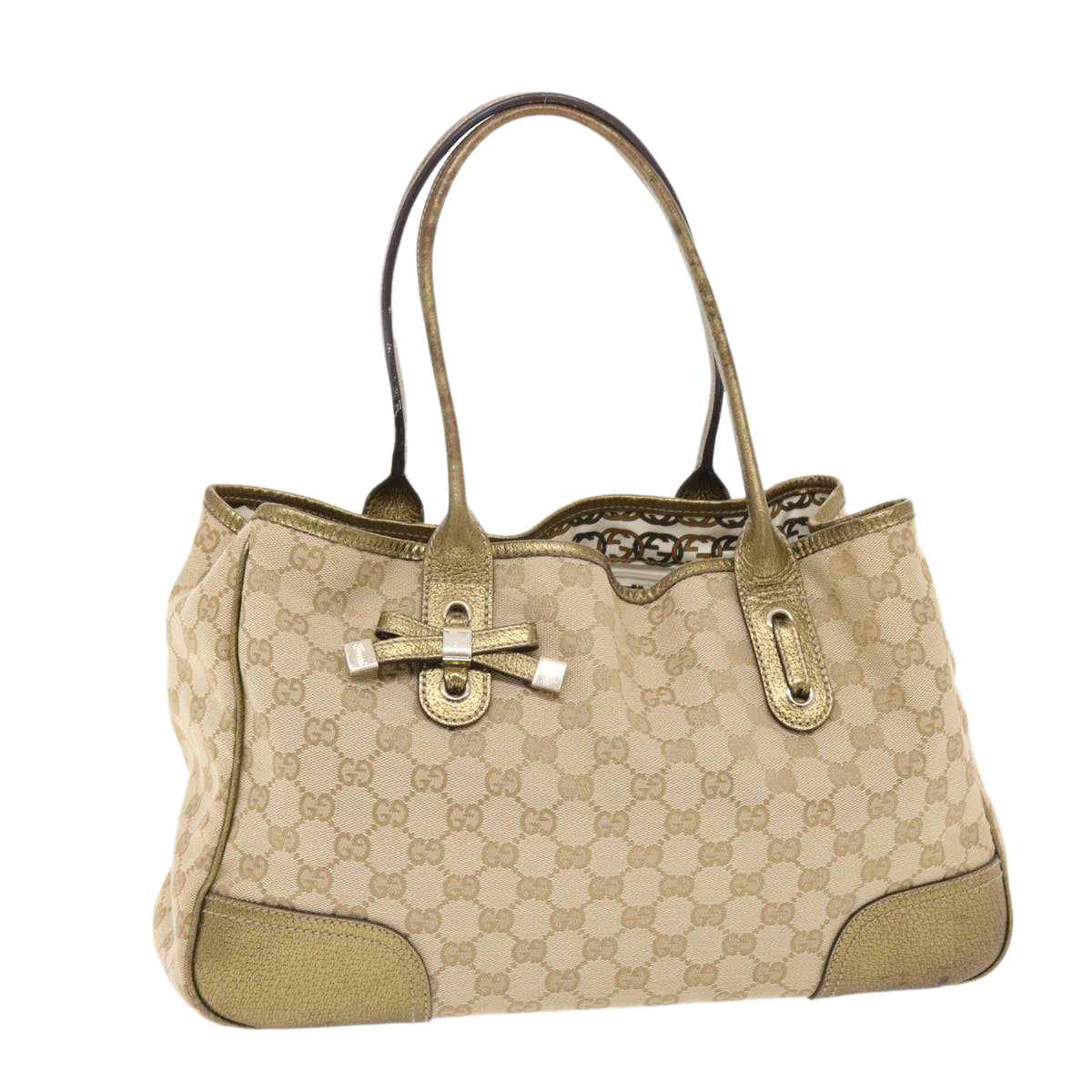 GUCCI GG Canvas Princy Line Tote Bag Leather Gold Tone 163805 tb793