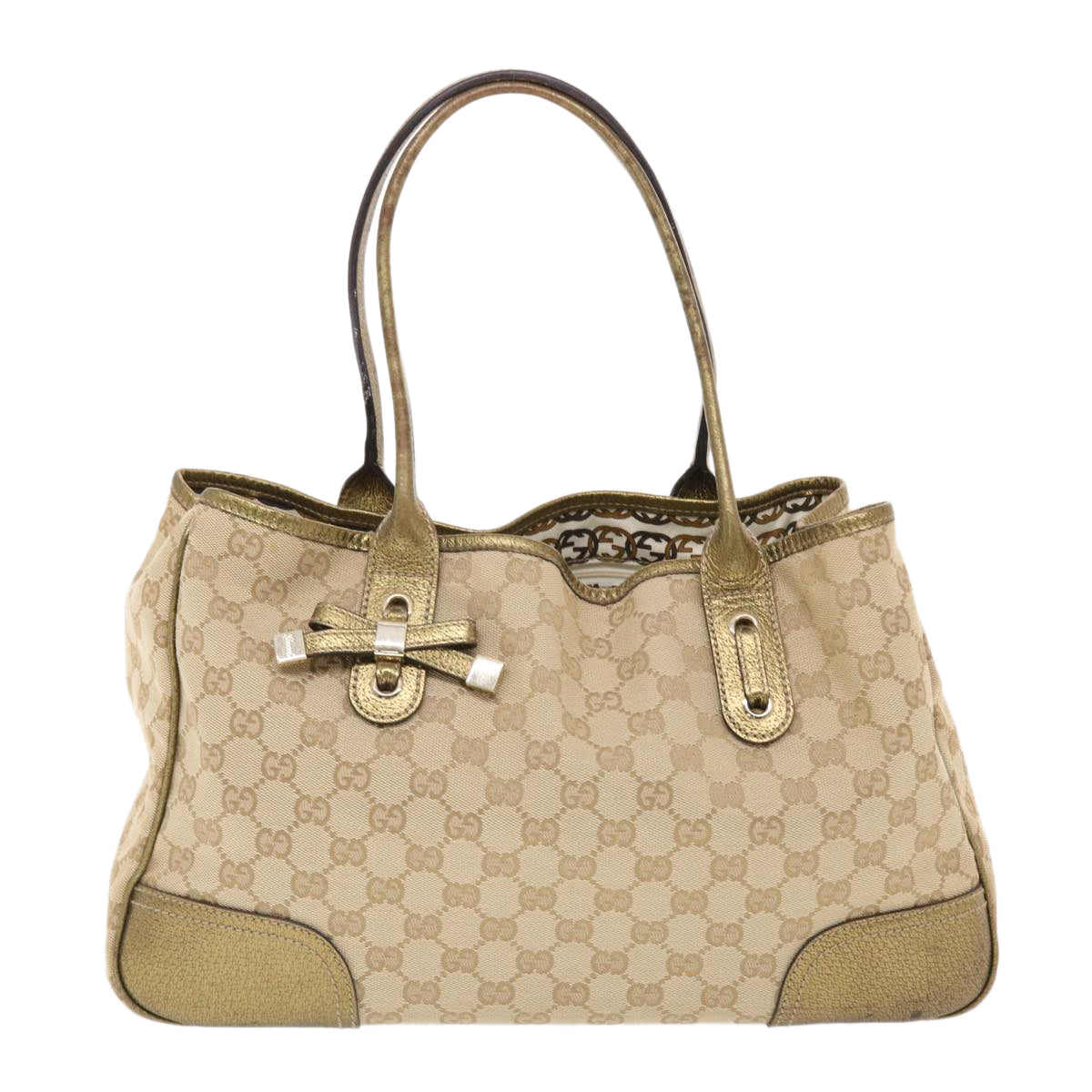 GUCCI GG Canvas Princy Line Tote Bag Leather Gold Tone 163805 tb793