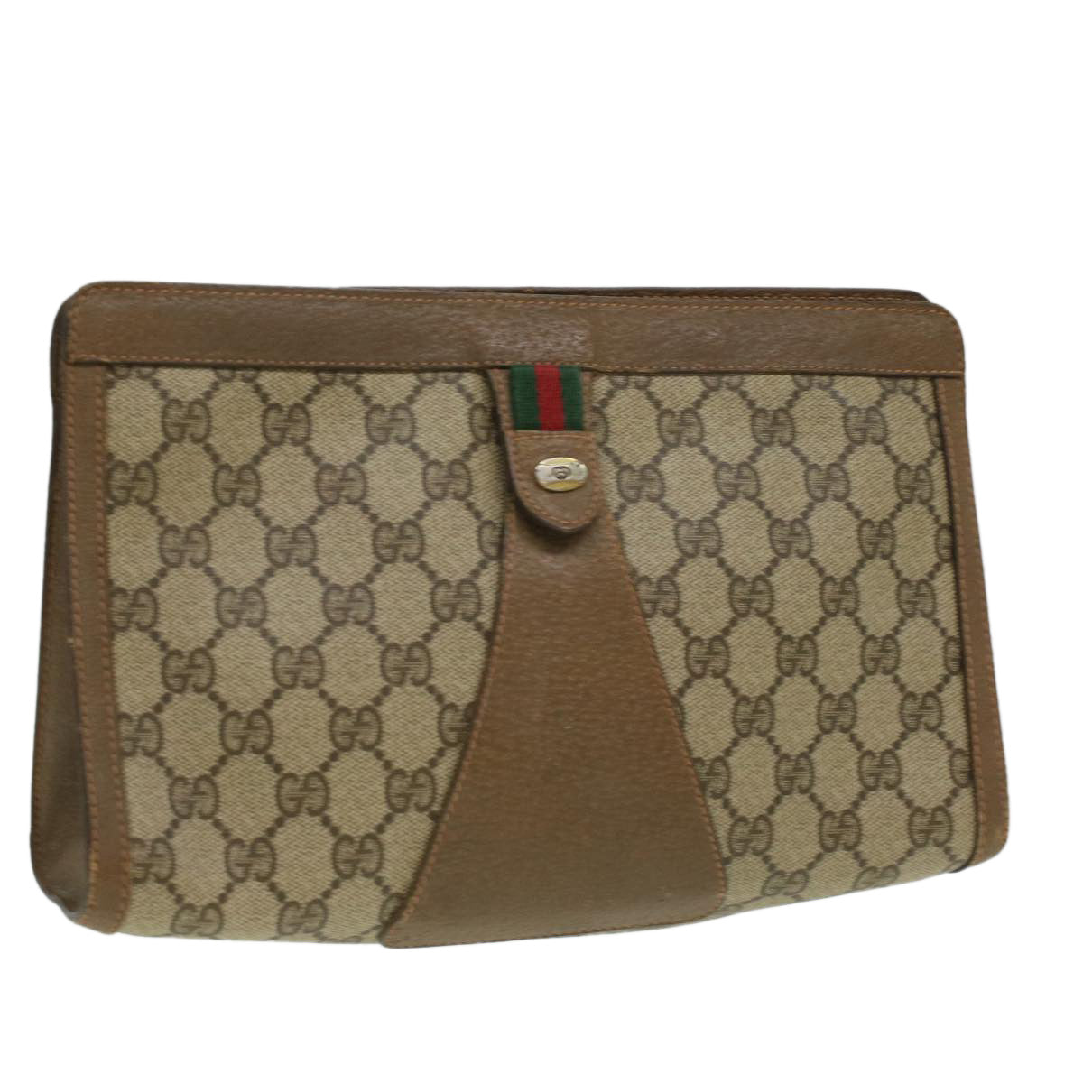 GUCCI Web Sherry Line GG Canvas Clutch Bag PVC Leather Beige Green th3181