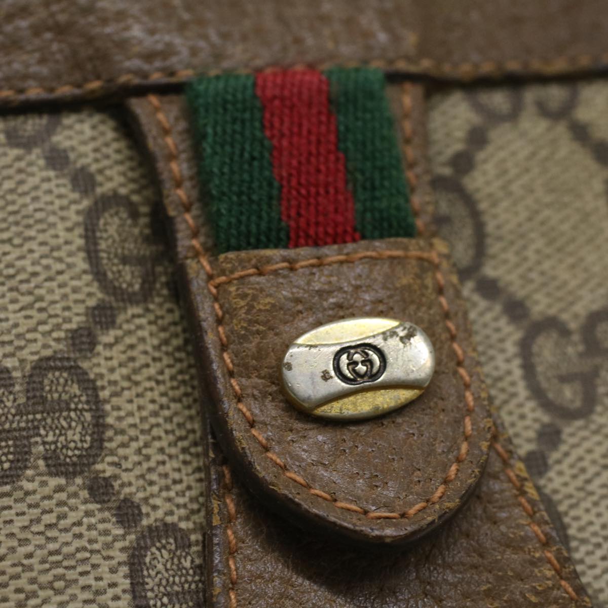 GUCCI Web Sherry Line GG Canvas Clutch Bag PVC Leather Beige Green th3181