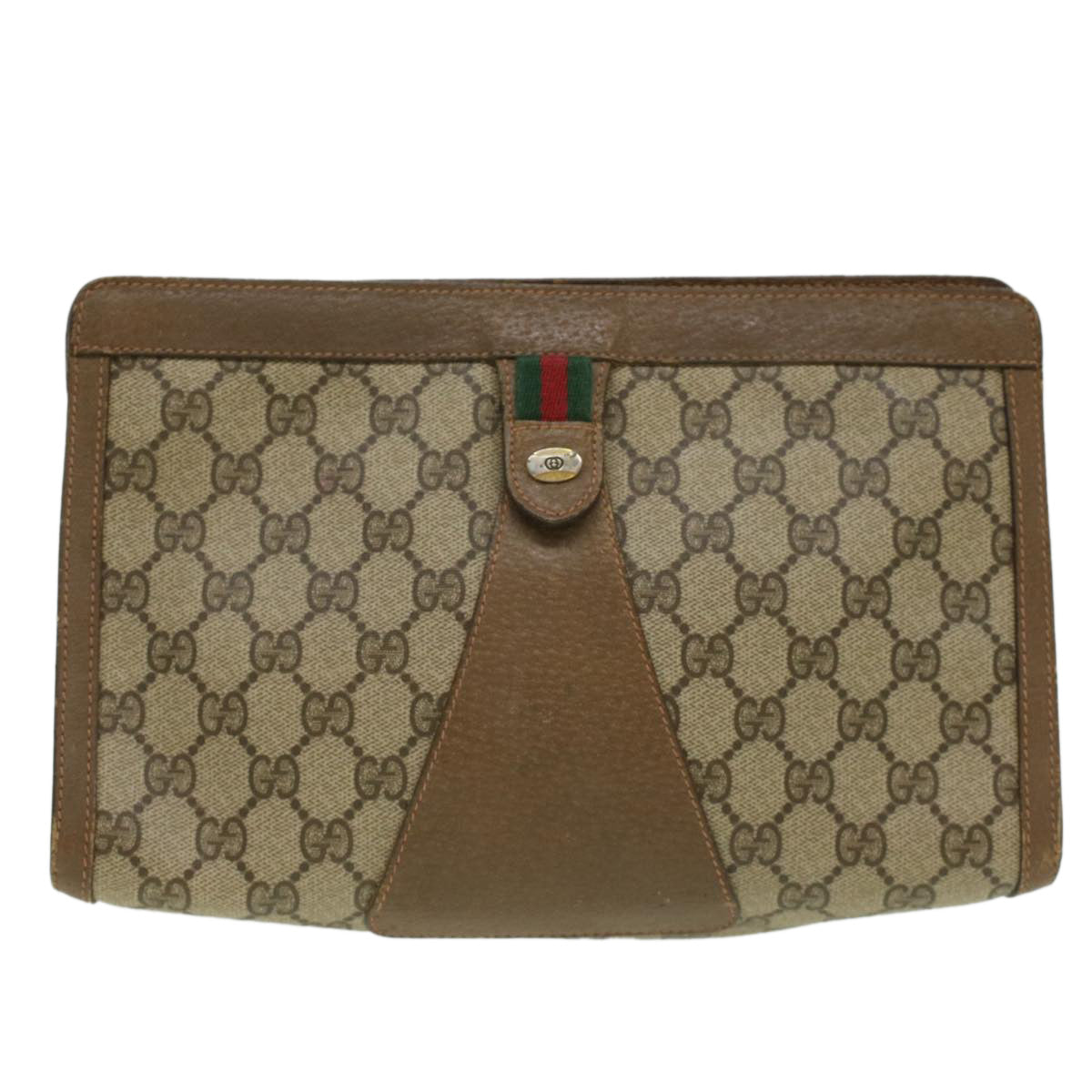 GUCCI Web Sherry Line GG Canvas Clutch Bag PVC Leather Beige Green th3181