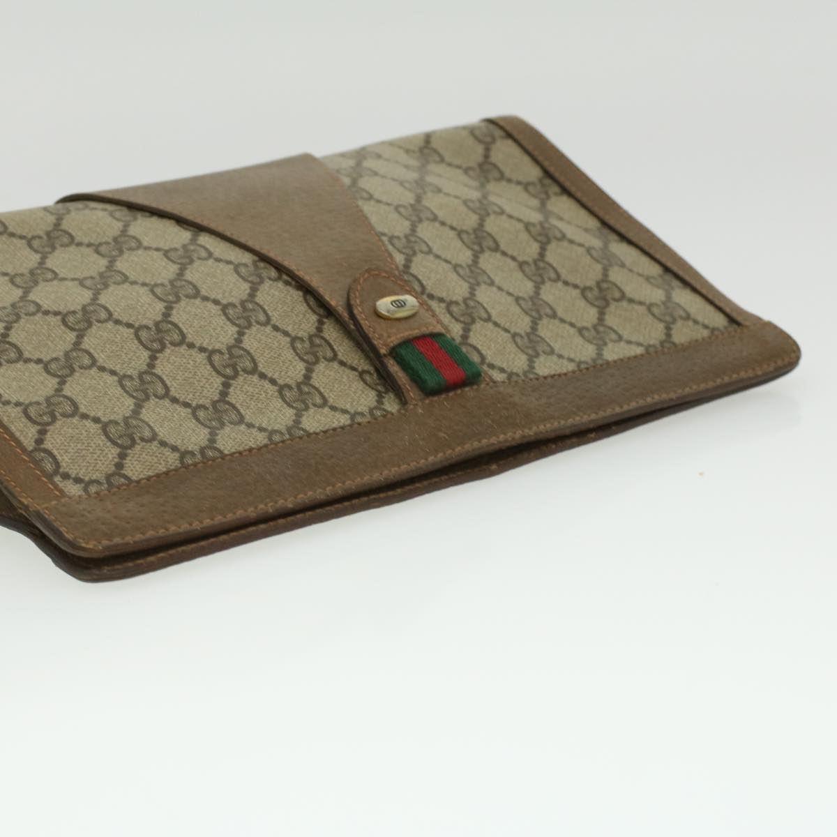 GUCCI Web Sherry Line GG Canvas Clutch Bag PVC Leather Beige Green th3181