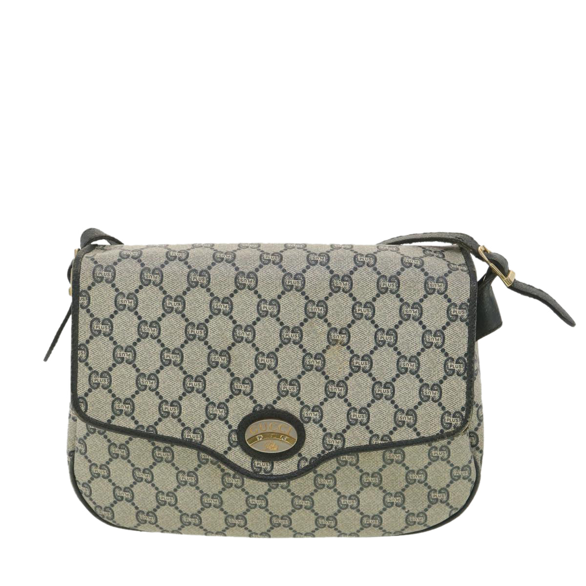 GUCCI GG Plus Canvas Shoulder Bag PVC Leather Gray Navy th3486