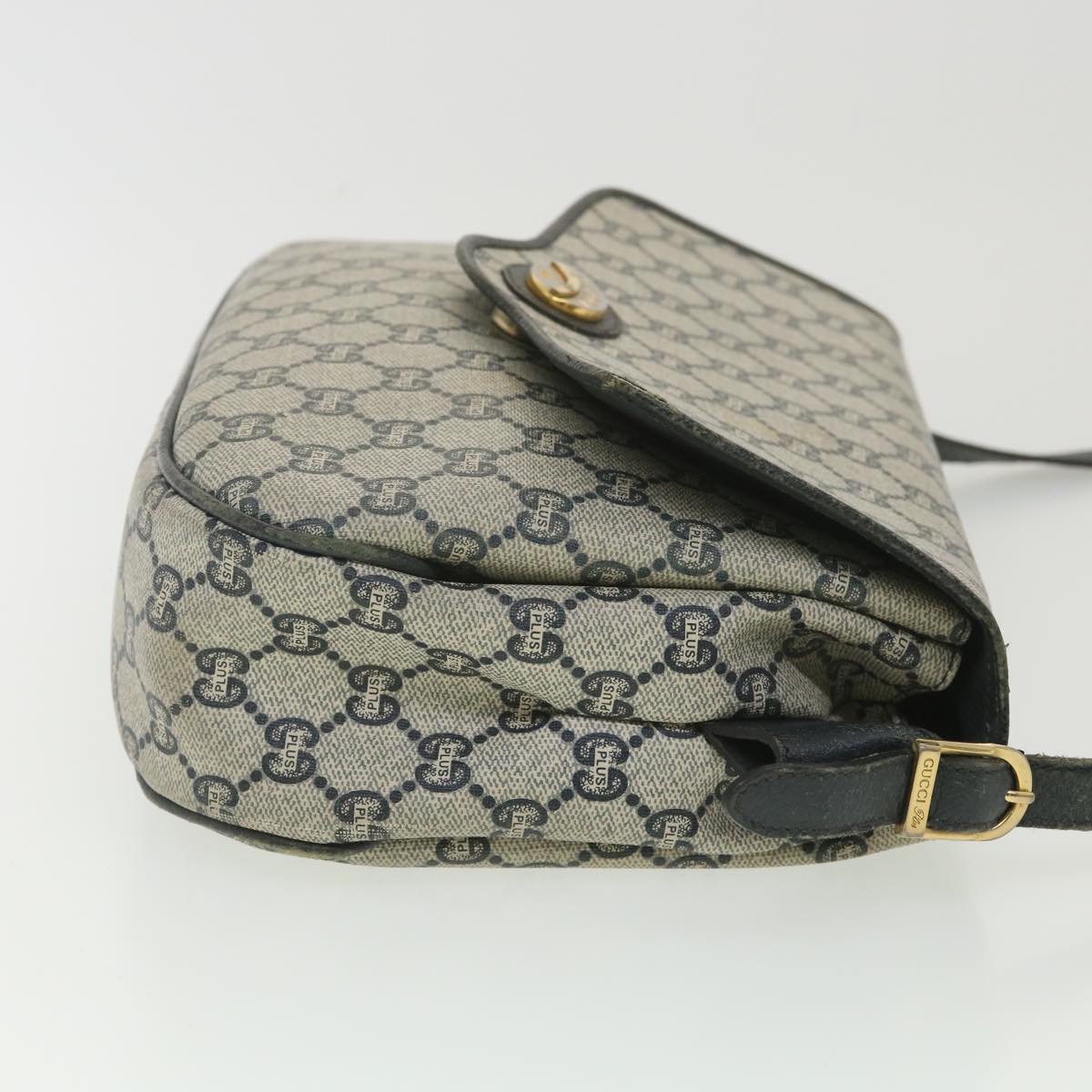GUCCI GG Plus Canvas Shoulder Bag PVC Leather Gray Navy th3486