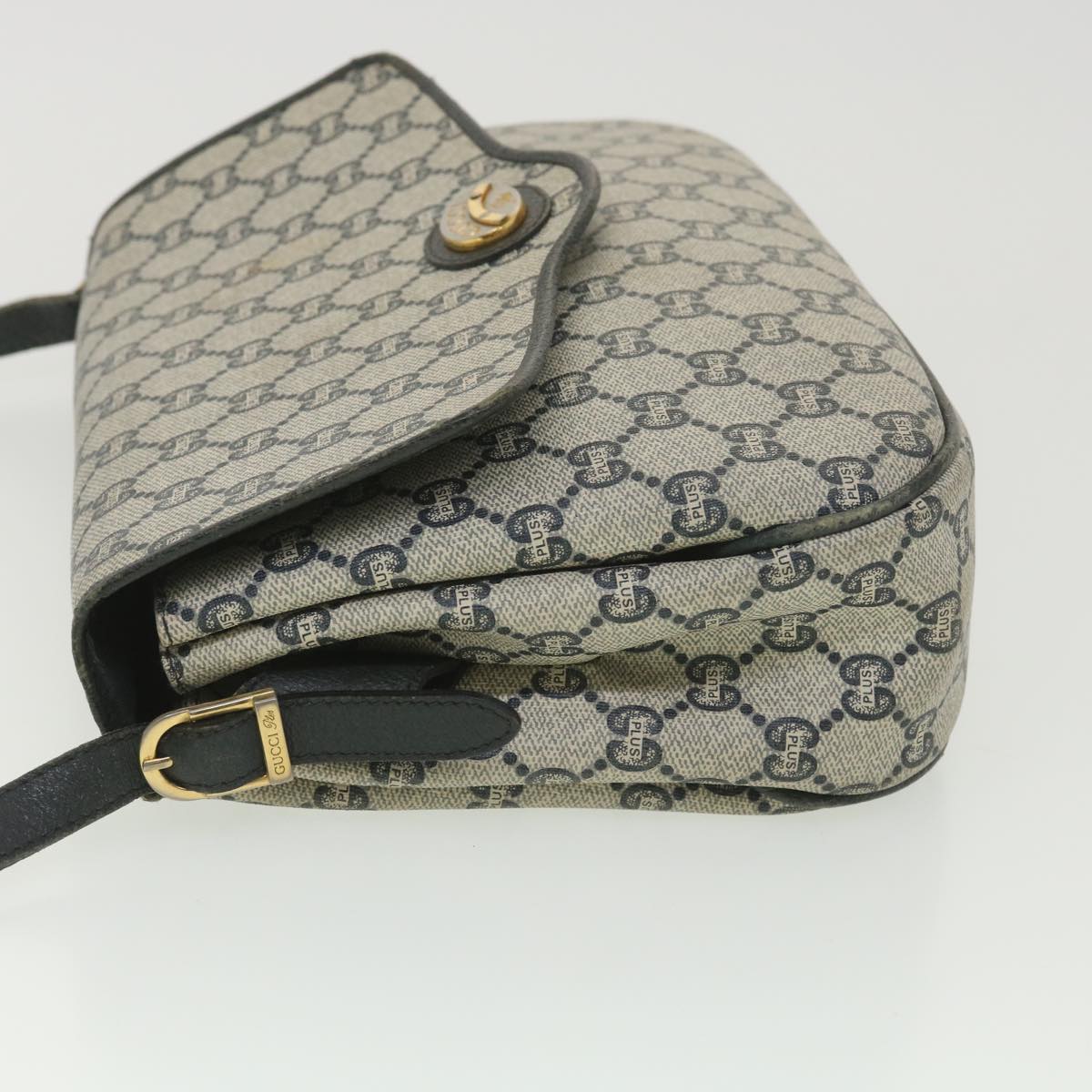 GUCCI GG Plus Canvas Shoulder Bag PVC Leather Gray Navy th3486