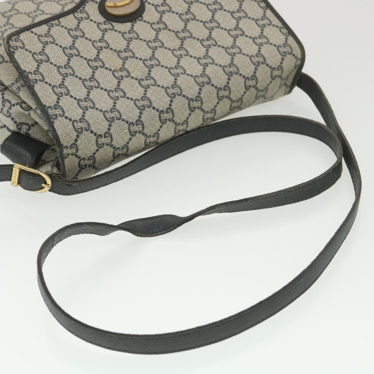 GUCCI GG Plus Canvas Shoulder Bag PVC Leather Gray Navy th3486
