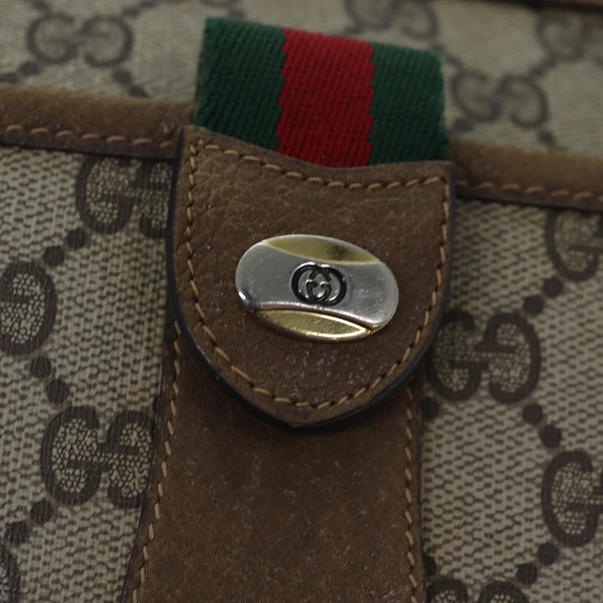 GUCCI GG Supreme Web Sherry Line Shoulder Bag PVC Beige Gold Auth yk14355