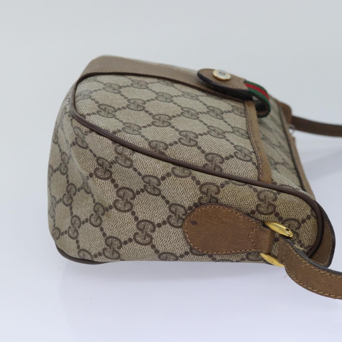 GUCCI GG Supreme Web Sherry Line Shoulder Bag PVC Beige Gold Auth yk14355