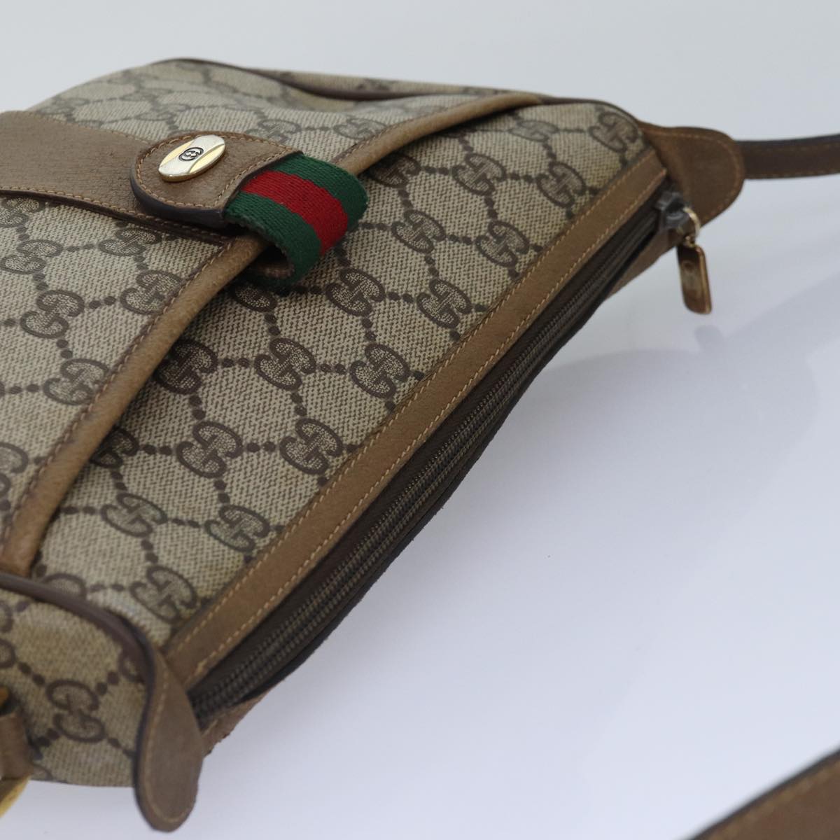 GUCCI GG Supreme Web Sherry Line Shoulder Bag PVC Beige Gold Auth yk14355