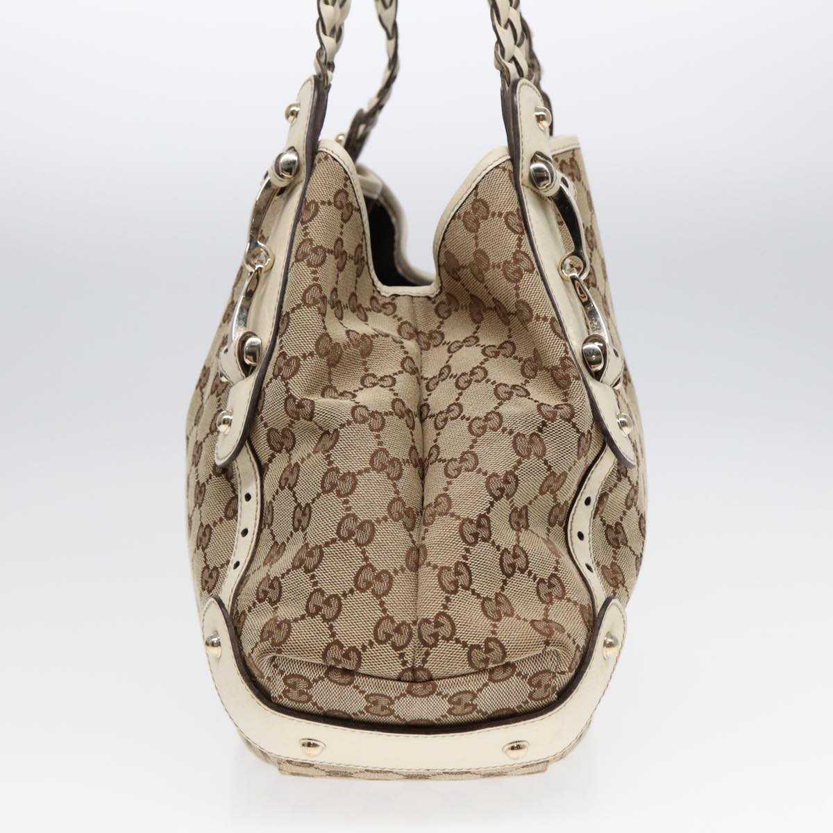 GUCCI GG Canvas Horsebit Tote Bag Beige Silver 137621 Auth yk14424