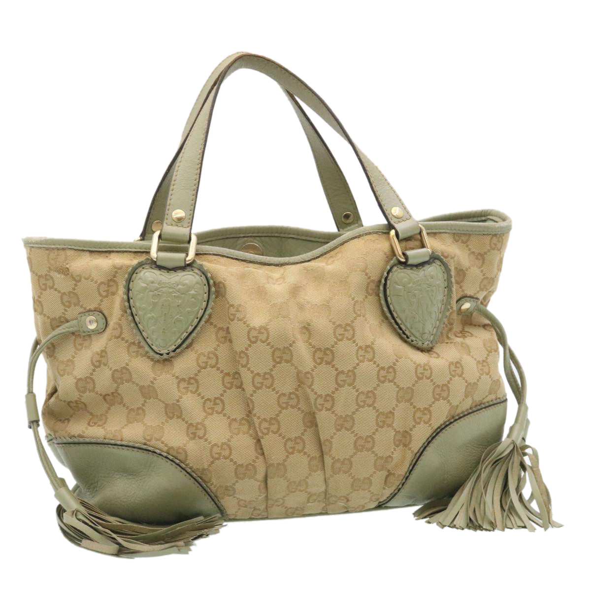 GUCCI GG Canvas Tote Bag Fringe Beige Green yk3822