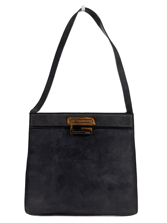 Gucci Vintage 80s Gray Suede Trapezoid G Top Handle Shoulder Bag