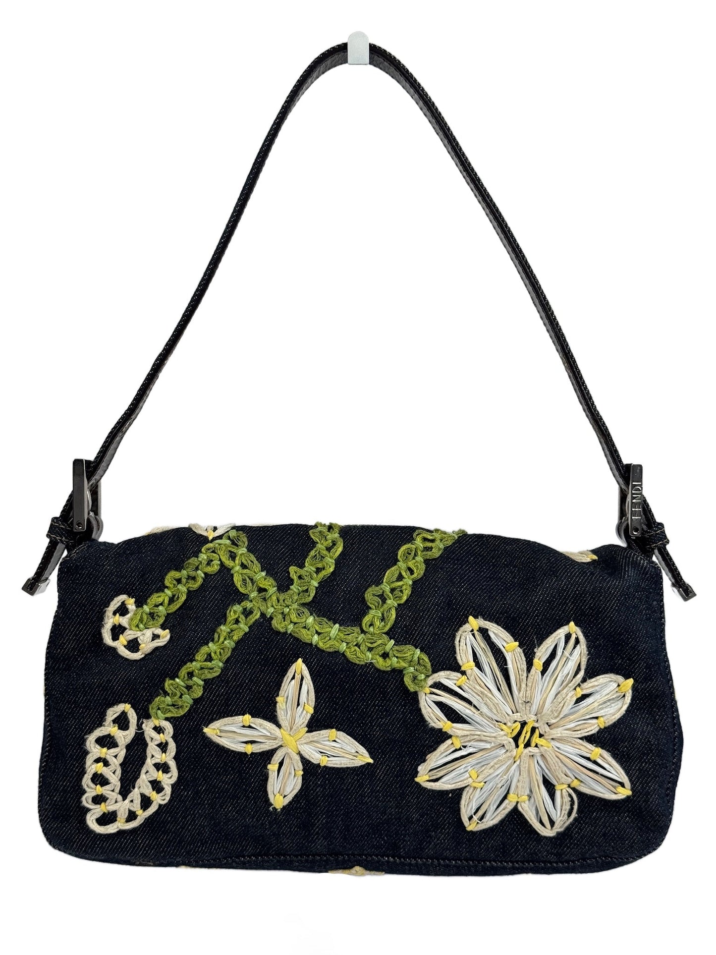Fendi Vintage Blue Denim Floral Embroidered Baguette Shoulder Bag