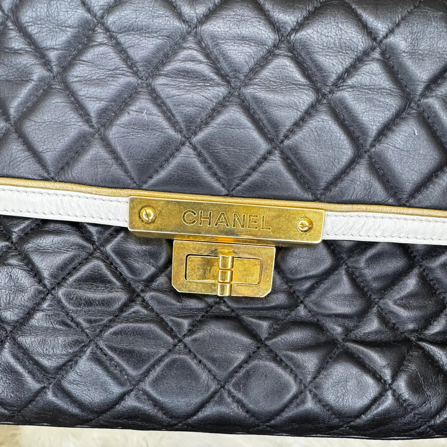 Chanel Glazed Calfskin 2.55 East West Mademoiselle Flap Black White B24-22