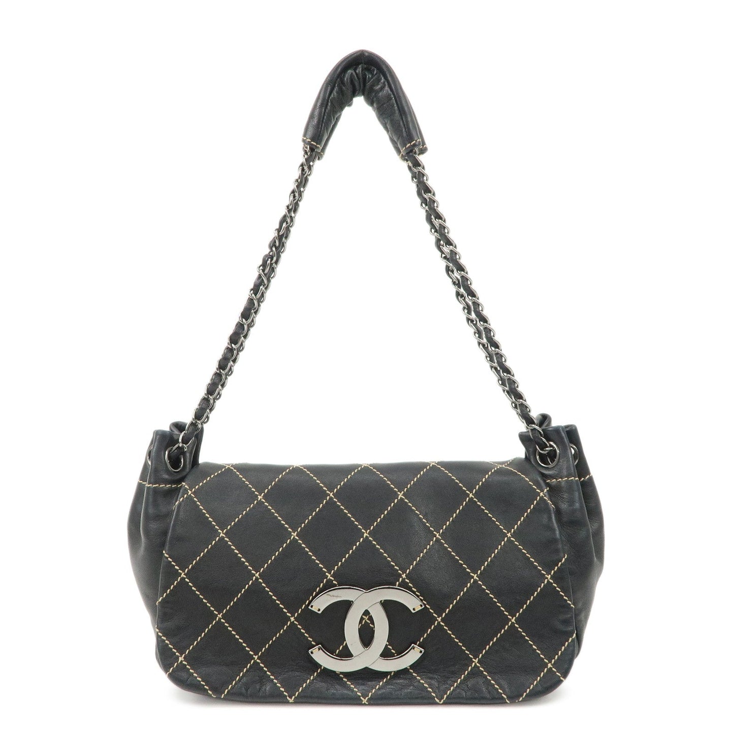 CHANEL COCO Mark Wild Stitch Lamb Skin Chain Shoulder Bag Black