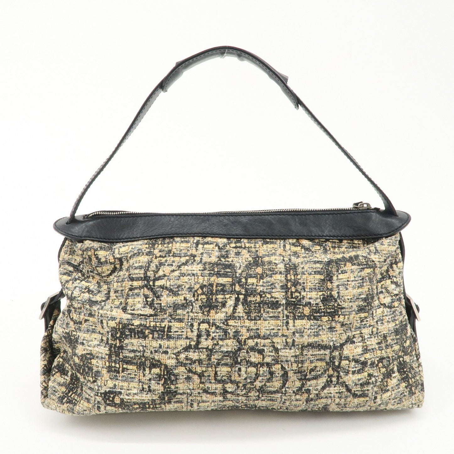 CHANEL Tweed Leather Shoulder Bag Hand Bag Black Beige