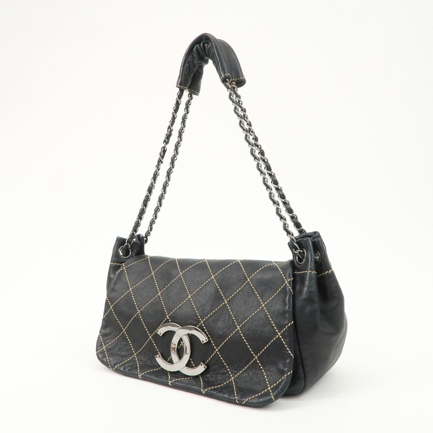CHANEL COCO Mark Wild Stitch Lamb Skin Chain Shoulder Bag Black