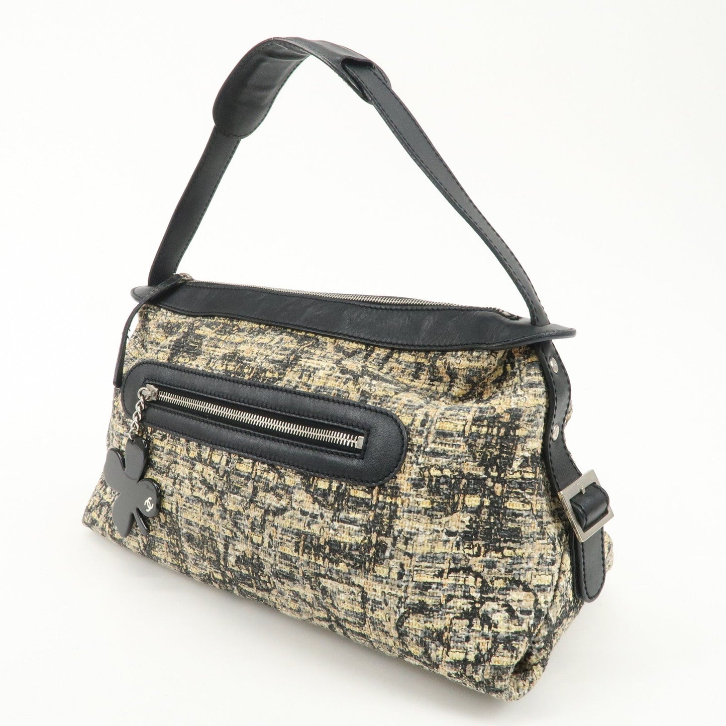CHANEL Tweed Leather Shoulder Bag Hand Bag Black Beige