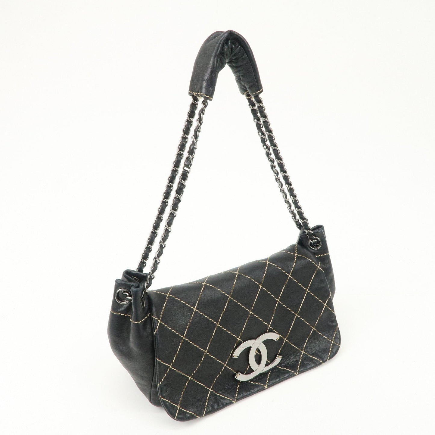 CHANEL COCO Mark Wild Stitch Lamb Skin Chain Shoulder Bag Black