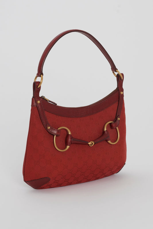 Gucci Vintage Red Monogram Canvas Horse-Bit Hobo Bag
