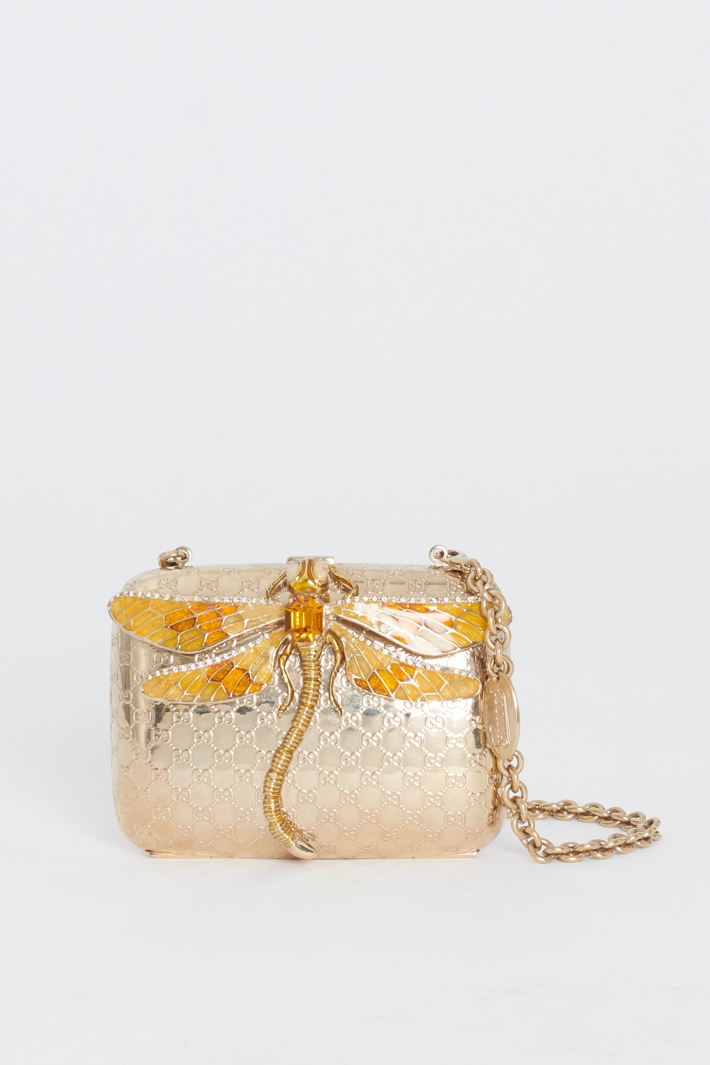 Gold Micro Guccissima Embossed Metal and Enamel Dragonfly Minaudiere Bag