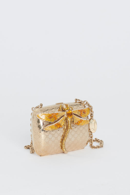 Gold Micro Guccissima Embossed Metal and Enamel Dragonfly Minaudiere Bag