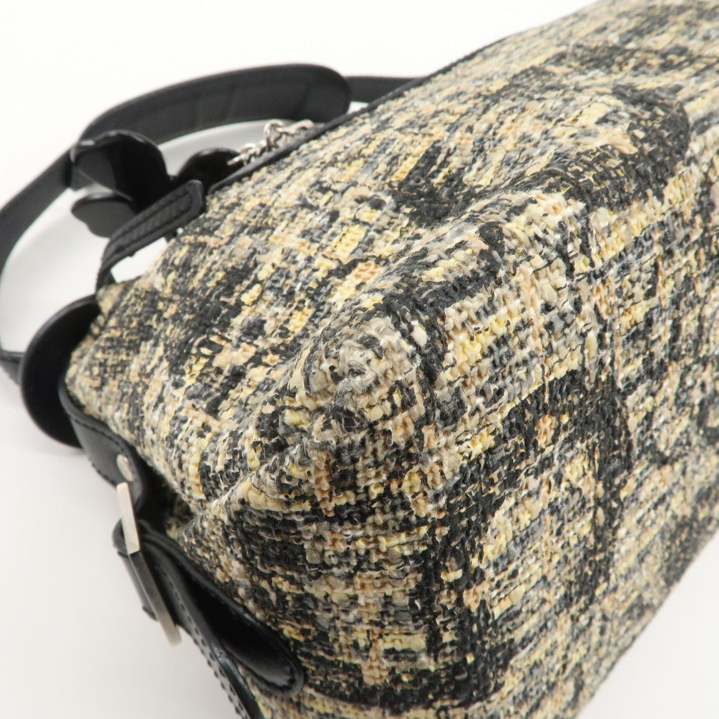 CHANEL Tweed Leather Shoulder Bag Hand Bag Black Beige